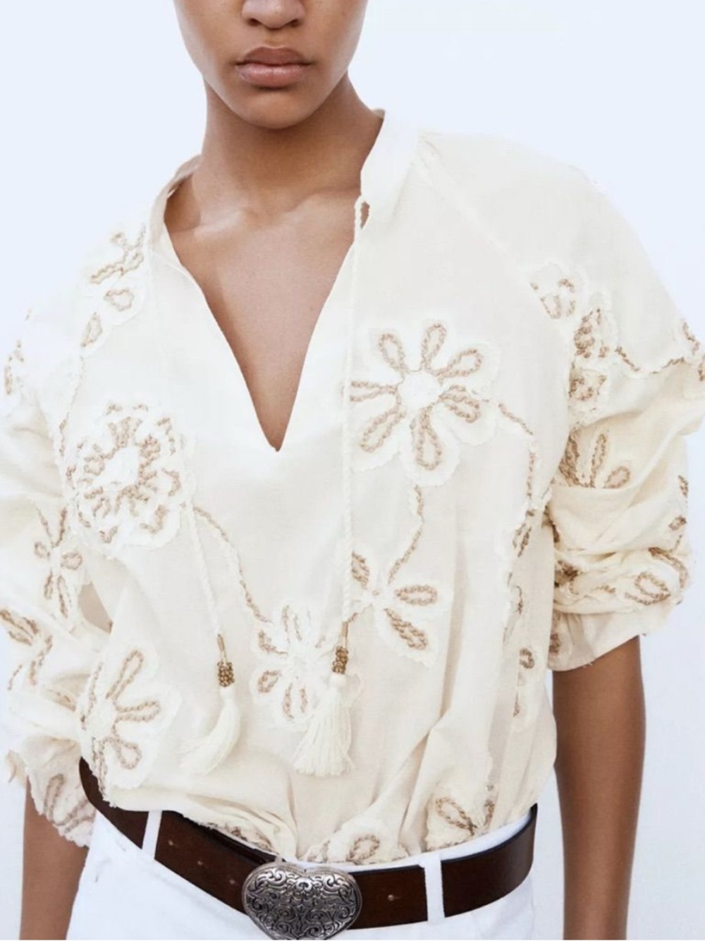 Zara Cream Textured Embroidered Blouse